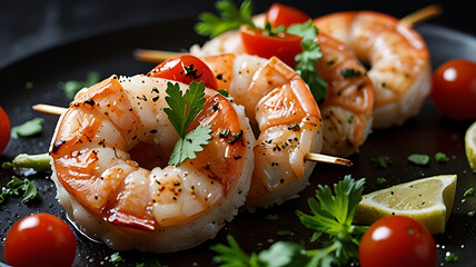 Delicious Grilled Shrimp with Cherry Tomatoes, Fresh Herbs, and Lime Garnish

