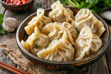 Steamed Dumplings, Asian Food, Gyoza or Jiaozi in Brown Bowl with Vegetables, Close Up