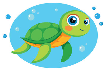 Obraz premium Cheerful Cartoon Turtle Swimming in Blue Bubble Background, Flat Animation