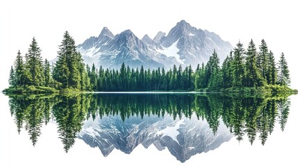 A Pristine Mountain Lake Surrounded by Dense Evergreen Forests, Reflecting Towering Peaks Above, Embodying Untouched Natural Beauty and Environmental Preservation on Isolated White Background