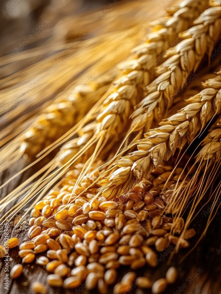 Poster golden wheat grains scattered on rustic wooden table with warm reflections and soft lighting for pre