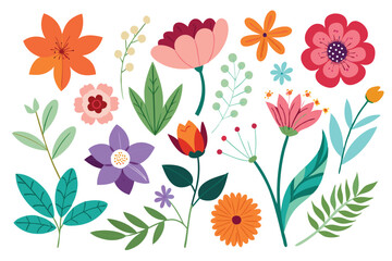 Obraz premium Colorful Floral Element Set, Decorative Flowers, Leaves, Branches, Botanical Elements