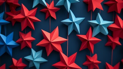 Obraz premium Paper star garland decoration. Colors of the Chilean flag. Celebration of the National Holidays in Chile