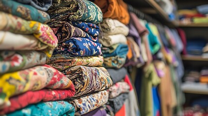 Fototapeta premium blurred abstract background of multicolored cotton clothing on the shelves of fashion shop.