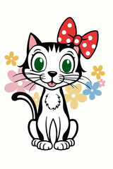 Obraz premium Cute cartoon cat with a red polka dot bow and colorful flowers in a joyful illustration
