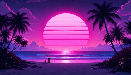 Naklejka premium Dreamy Sunset Island with Palm Trees and Reflections in a Vibrant Sky