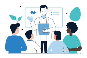 Doctor Presentation To Multiethnic Audience With Whiteboard And Plant Growing