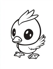 Fototapeta premium Cute cartoon duckling with large eyes and small wings, outlined in black.