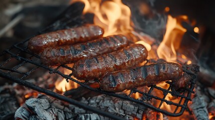 chilean food sausage or longaniza roasting on the grill