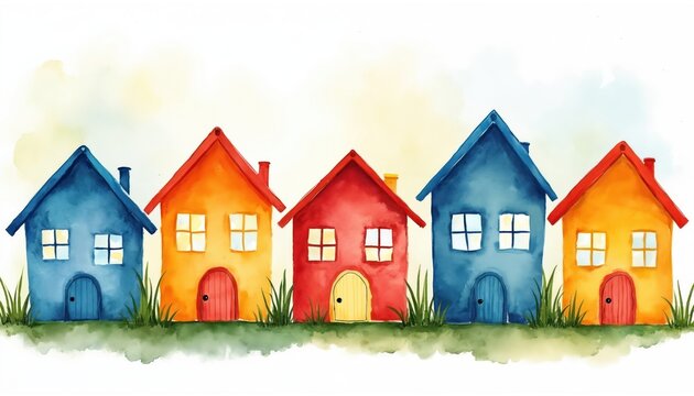 Watercolor illustration houses. Housing market, real estate, affordable home programs, community development, urban planning, neighborhood. Residential properties. Property investment concept.