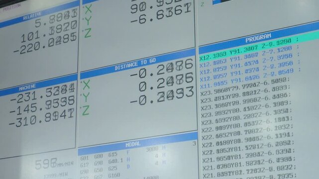 Close up of a CNC machine control panel displaying real time tech machining data. including coordinates feed rates and G code programming. automated CNC machining data control panel monitor display.