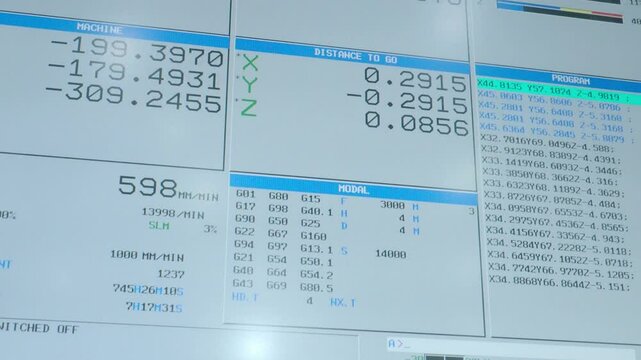 Close up of a CNC machine control panel displaying real time tech machining data. including coordinates feed rates and G code programming. automated CNC machining data control panel monitor display.