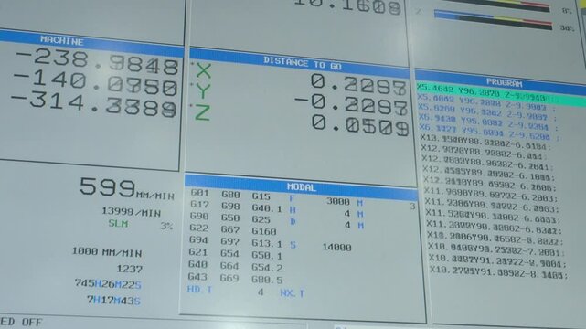 Close up of a CNC machine control panel displaying real time tech machining data. including coordinates feed rates and G code programming. automated CNC machining data control panel monitor display.