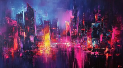Fototapeta premium Abstract cityscape painting depicting illuminated tall buildings at night time