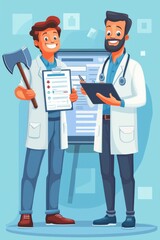A flat vector illustration of two people standing next to each other, one holding an large axe and the second is wearing medical with white coat . 