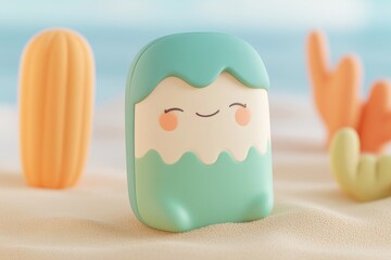 Obraz premium Cute ice cream character on a sandy beach