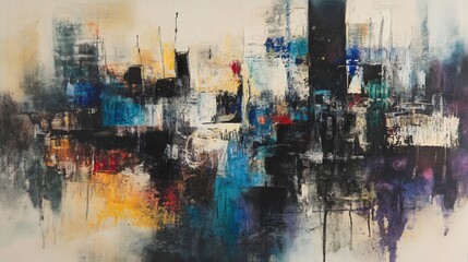 Fototapeta premium Abstract artwork painting depicting buildings and various architectural forms