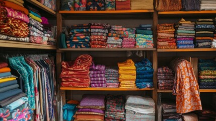 Obraz premium blurred abstract background of multicolored cotton clothing on the shelves of fashion shop.