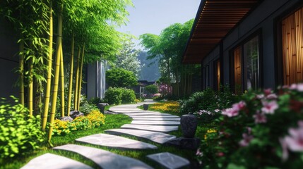 Fototapeta premium A contemporary private house with an elegant garden, incorporating organic modern elements like bamboo and stone pathways intertwined with flowering plants and greenery.