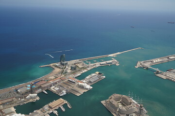 Aerial view of Barcelona beach from a helicopter