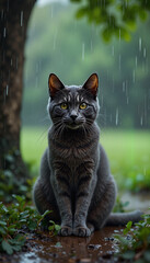 Gray cat sitting confidently in the rain against a green backdrop  