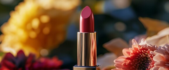 A rich background showcases a beautifully detailed lipstick surrounded by colorful flowers, highlighting the artistry and appeal of this cosmetic product in high resolution