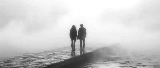 A couple, silhouetted, hand-in-hand, walks into a dense fog, the path ahead obscured by the mist.  Their journey is mysterious