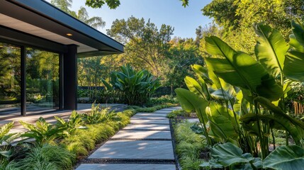 Obraz premium A contemporary private home with a landscaped garden, featuring architectural elements like a stone pathway, large leafy plants, and elegant, clean design details.