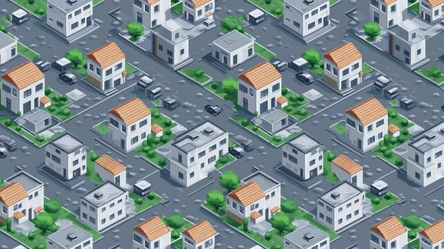 Seamless looping video pattern of pixel isometric streets with white modern homes.