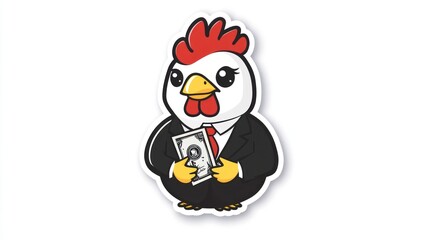 Cartoon chicken in business suit holding money. Possible use children's merchandise, stock photo