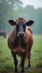 Brown cow standing in the rain in a green pasture  