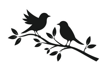 Silhouette of Two Birds on Branch with Leaves, Black and White, Minimalist Design