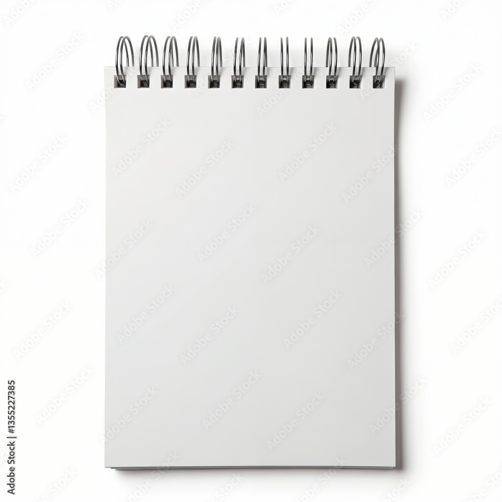 Poster Blank notepad isolated. White paper with spiral binding. Empty page for writing, drawing or sketching. Business, office supplies background with copy space.