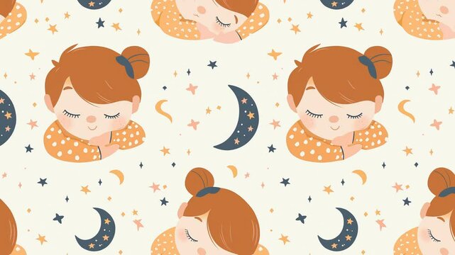 Seamless looping video pattern of sleeping girls with stars and moons on a cream background.