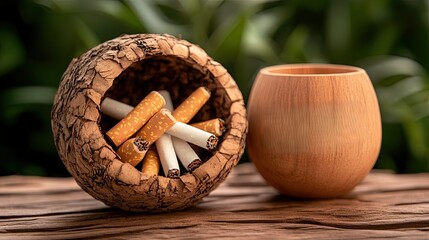 Conceptual Illustrations of Breaking free from tobacco addiction motivational messaging, Sticker Design style, Cigarettes in a natural container with a cup. World No Tobacco Day