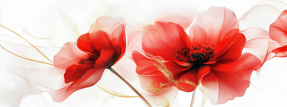 Fototapeta Baner czerwone abstrakcyjne kwiaty na białym tle, tło dla projektu reklamy, generative ai 