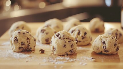 Freshly Made Cookie Dough Balls with Chocolate Chips on a Wooden Surface in Kitchen