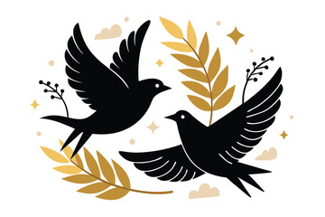 Fototapeta premium Two Black Flying Birds with Gold Leaves & Stars Minimalist Style 82 Chars