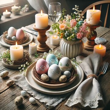 Easter table setting with candles, flowers, and painted eggs