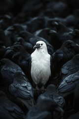 Fototapeta premium A unique white crow is surrounded by a dense group of black crows, creating a captivating visual contrast. The scene showcases their differing feathers and behaviors