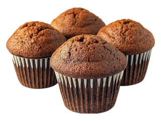 Four delicious chocolate muffins, freshly baked and arranged on a white background.  The image evokes feelings of warmth, comfort, and indulgence.