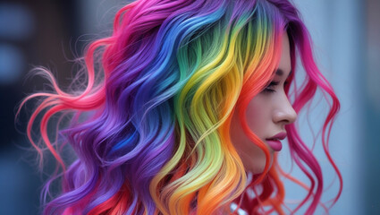 A vibrant, rainbow-colored hairstyle with a stunning ombre effect, transitioning from deep pink at the roots to shades of purple, blue, green, yellow, orange, and ending in fiery red at the tips