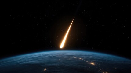 Fiery meteor streaks across the dark expanse of space, hurtling towards a planet