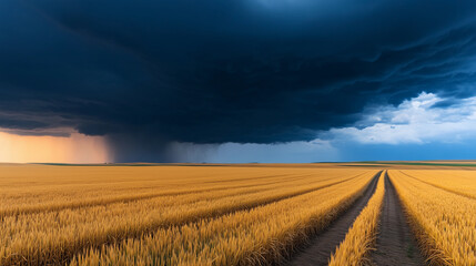 Obraz premium Golden Wheat Field Under a Dramatic Stormy Sky