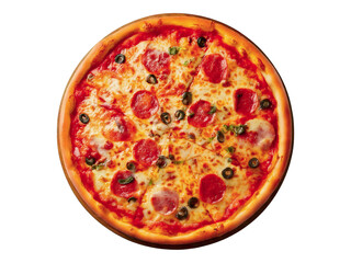 Delicious pepperoni pizza with melted cheese and olives, perfectly presented on a wooden board.  Ideal for restaurant menus, food blogs, or any project needing a mouthwatering pizza image.