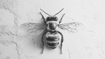 A black-and-white bee drawing against a textured background, emphasizing artistry