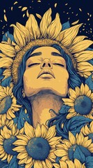 Obraz premium Sunflower girl in vintage art style with detailed linework and pastel hues Generative AI