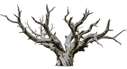 Fototapeta premium Striking silhouette of weathered, ancient tree with gnarled branches against stark white background