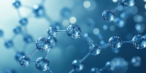 Abstract connection of transparent hydrogen molecules on blue background