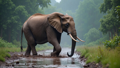 Fototapeta premium Elephant walking through a muddy path in the rain forest 
